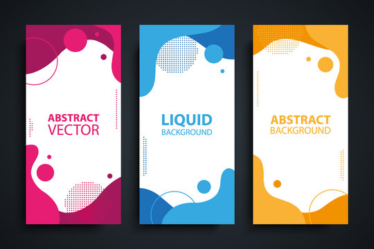 Set of flyers with abstract modern liquid forms and shapes, circles and dotted patterns. Fluid flat color design elements collection. Vector illustration.