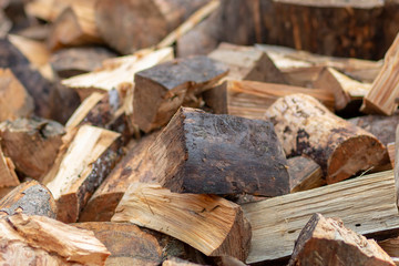 Broken and stacked wood for burning