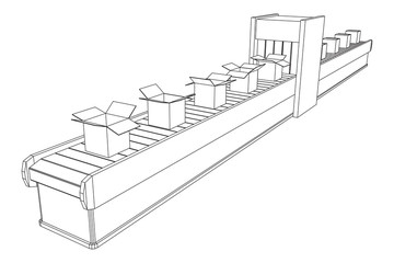 Conveyor belt section with pack boxes. Factory production equipment. Wireframe low poly mesh vector illustration