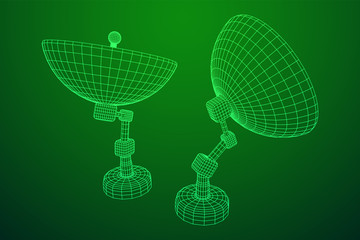 Directional radio antenna with satellite dish. Astronomy radio telescope. Wireframe low poly mesh vector illustration