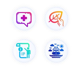 Manual doc, Organic tested and Medical chat icons simple set. Button with halftone dots. Ship travel sign. Project info, Paraben, Medicine help. Cruise transport. Business set. Vector