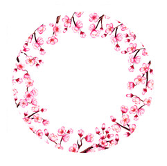 Watercolor floral sakura frame. Spring cherry blossom wreath, isolated on white.