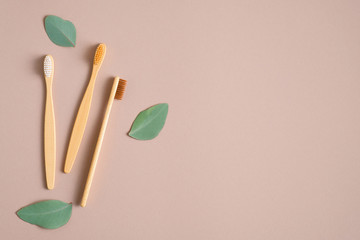 Biodegradable bamboo toothbrushes and green leaves on brown background. Top view with copy space. Zero waste, plastic free concept. Sustainable lifestyle.