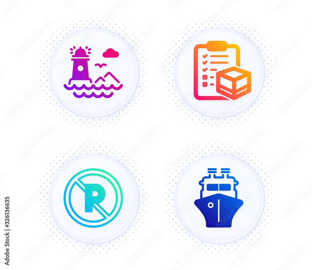 Poster no parking, lighthouse and parcel checklist icons simple set. button with halftone dots. ship sign. 