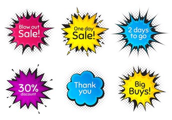 One day sale, 30% discount and 2 days to go. Comic speech bubble. Thank you, hi and yeah phrases. Sale shopping text. Chat messages with phrases. Colorful texting comic speech bubble. Vector