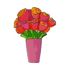 Isolated drawing of tulips in a flower pot. Cute bright red Potted flowers with green leaves for Womens Day, Birthday, invitation card design, gift wrapping, party decoration. Colorful illustration