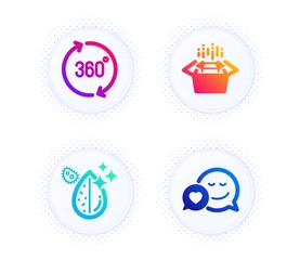 Packing boxes, 360 degrees and Dirty water icons simple set. Button with halftone dots. Dating sign. Delivery box, Full rotation, Aqua drop. Love messenger. Business set. Vector