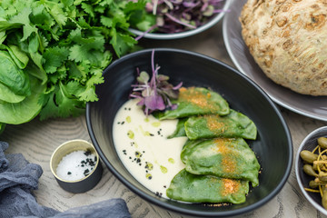 Green Ravioli or Dumplings with Celery Root Puree