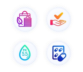 Ph neutral, Dermatologically tested and Bio shopping icons simple set. Button with halftone dots. Capsule pill sign. Water, Organic, Leaf. Medicine drugs. Healthcare set. Vector