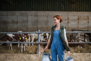 Woman worker with cans working on diary farm, agriculture industry.