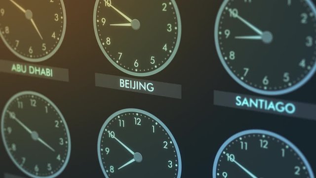close-up of a wall of clocks with time of different cities (3d render)