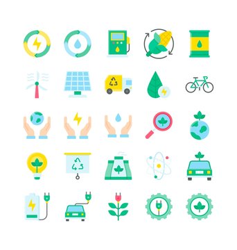 sustainable or recycle related solar panel, corn, truck, bicycle, leafs, save energy, magnifying glass, bulb, presentation, electric car, battery, gears, and molecules vector in flat style,