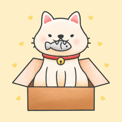 Cute cat holding fish in a box cartoon hand drawn style