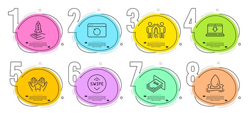 Recovery internet, Partnership and Internet downloading signs. Timeline steps infographic. Ranking, Swipe up and Crowdfunding line icons set. Water splash, Atm money symbols. Vector