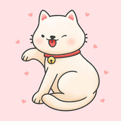 Cute cat licking paw cartoon hand drawn style