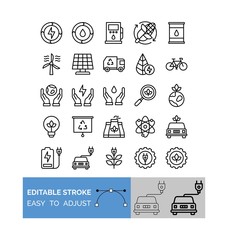 sustainable or recycle related solar panel, corn, truck, bicycle, leafs, save energy, magnifying glass, bulb, presentation, electric car, battery, gears, and molecules vector in lineal style,