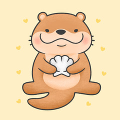 Cute otter holding shell cartoon hand drawn style