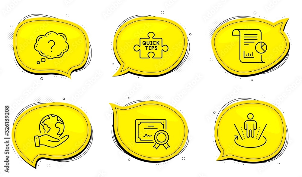 Poster report sign. diploma certificate, save planet chat bubbles. question mark, augmented reality and qui