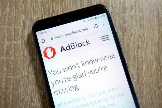 KONSKIE, POLAND - January 10, 2019: AdBlock website (getadblock.com) displayed on smartphone