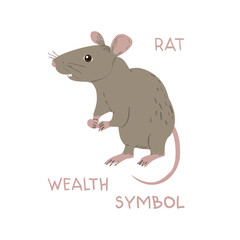 Drawn cartoon rat with text Rat wealth symbol. Childish tee shirt print.