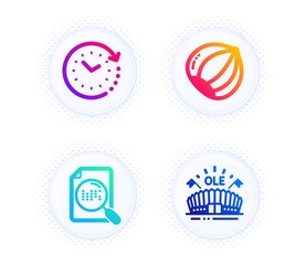 Search file, Time change and Hazelnut icons simple set. Button with halftone dots. Sports arena sign. Find document, Clock, Vegetarian nut. Event stadium. Business set. Vector
