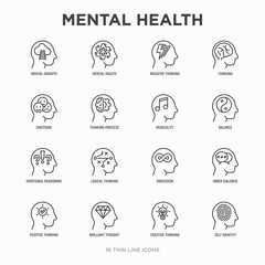 Mental health thin line icons set: mental growth, negative thinking, emotional reasoning, logical plan, obsession, inner dialogue, balance, self identity. Modern vector illustration.