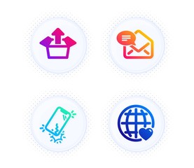 Send box, New mail and Smartphone broken icons simple set. Button with halftone dots. International love sign. Delivery package, Received e-mail, Phone crack. Internet dating. Technology set. Vector