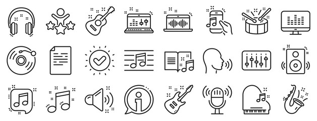 Set of Acoustic guitar, Musical note, Vinyl record icons. Music line icons. Jazz saxophone, Drums with drumsticks, DJ controller. Sound check, Mic, Music making, Electric guitar. Musical note. Vector © blankstock