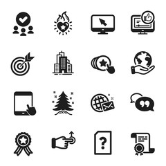Set of Business icons, such as Heart flame, Quote bubble. Certificate, approved group, save planet. Drag drop, Skyscraper buildings, Like video. Internet, Unknown file, Target. Vector