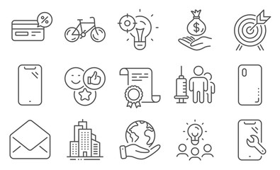 Set of Business icons, such as Income money, Smartphone. Diploma, ideas, save planet. Medical vaccination, Seo idea, Mail. Cashback, Like, Smartphone repair. Vector