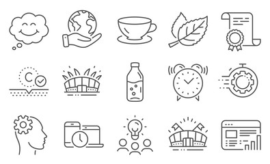 Set of Business icons, such as Seo timer, Engineering. Diploma, ideas, save planet. Sports arena, Web report, Time management. Espresso, Arena stadium, Collagen skin. Leaf, Alarm clock, Smile. Vector