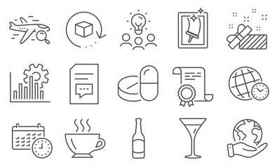 Set of Business icons, such as Time zone, Calendar. Diploma, ideas, save planet. Window cleaning, Beer, Present. Martini glass, Seo graph, Search flight. Vector