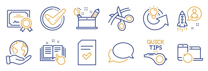 Set of Education icons, such as Scissors, Creativity concept. Certificate, save planet. Messenger, Startup, Recovery devices. Checked file, Technical documentation, Share idea. Vector