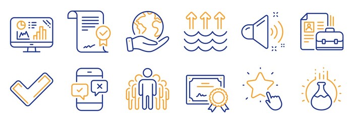 Set of Education icons, such as Vacancy, Evaporation. Certificate, save planet. Approved agreement, Phone survey, Chemistry experiment. Ranking star, Tick, Loud sound. Vector