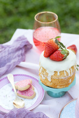 Picnic on wooden table in the park