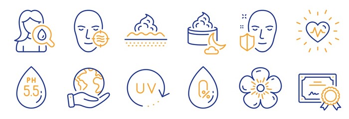 Set of Healthcare icons, such as Ph neutral, Moisturizing cream. Certificate, save planet. Problem skin, Uv protection, Natural linen. Heartbeat, Night cream, Face protection. Vector
