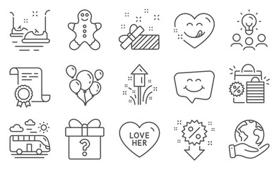 Set of Holidays icons, such as Balloons, Fireworks. Diploma, ideas, save planet. Shopping bags, Smile chat, Love her. Bus travel, Yummy smile, Bumper cars. Vector