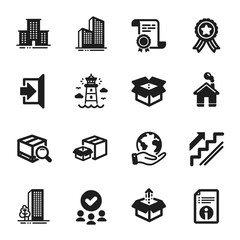 Set of Industrial icons, such as Home, Lighthouse. Certificate, approved group, save planet. Technical info, Buildings, Exit. Skyscraper buildings, Stairs, University campus. Vector