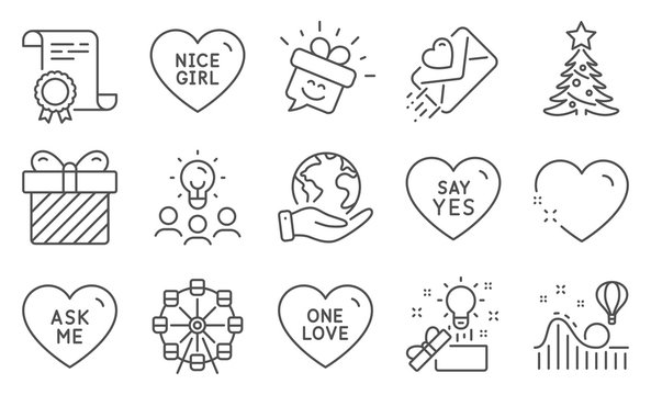 Set of Holidays icons, such as Ask me, Ferris wheel. Diploma, ideas, save planet. Christmas tree, Surprise, Love letter. Heart, One love, Creative idea. Smile, Nice girl, Roller coaster. Vector