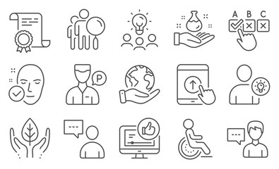 Set of People icons, such as Health skin, Users chat. Diploma, ideas, save planet. Person talk, Chemistry lab, Swipe up. Like video, Search people, Correct checkbox. Vector