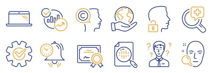 Set of Science icons, such as Cogwheel, Unlock system. Certificate, save planet. Writer, Laptop, Time management. Face search, Medical analyzes, Analytics chart. Vector