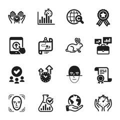 Set of Science icons, such as Face detection, Time management. Certificate, approved group, save planet. Journey path, Animal tested, Swipe up. Vector