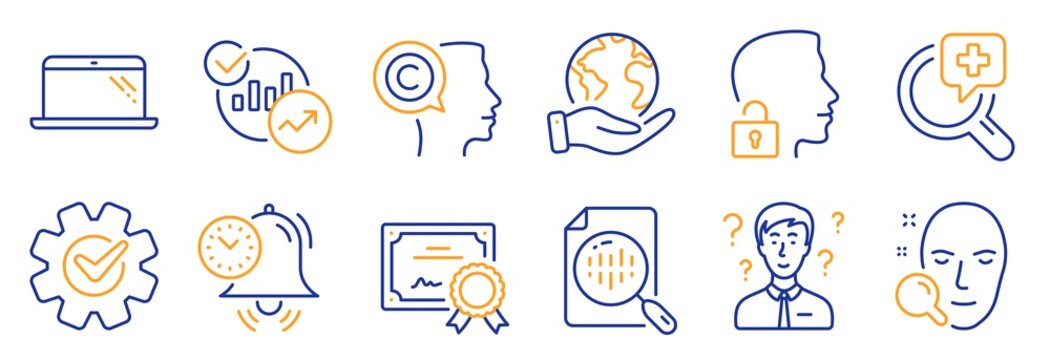 Set of Science icons, such as Cogwheel, Unlock system. Certificate, save planet. Writer, Laptop, Time management. Face search, Medical analyzes, Analytics chart. Vector