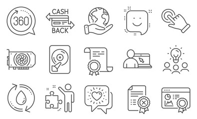 Set of Technology icons, such as Seo certificate, Cashback card. Diploma, ideas, save planet. Smile, Hdd, Friends chat. Reject certificate, Online education, Refill water. Vector