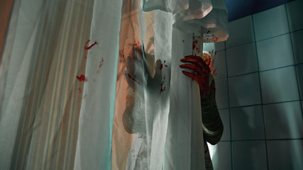 Maniac with a knife from a horror movie in the bathroom, horror