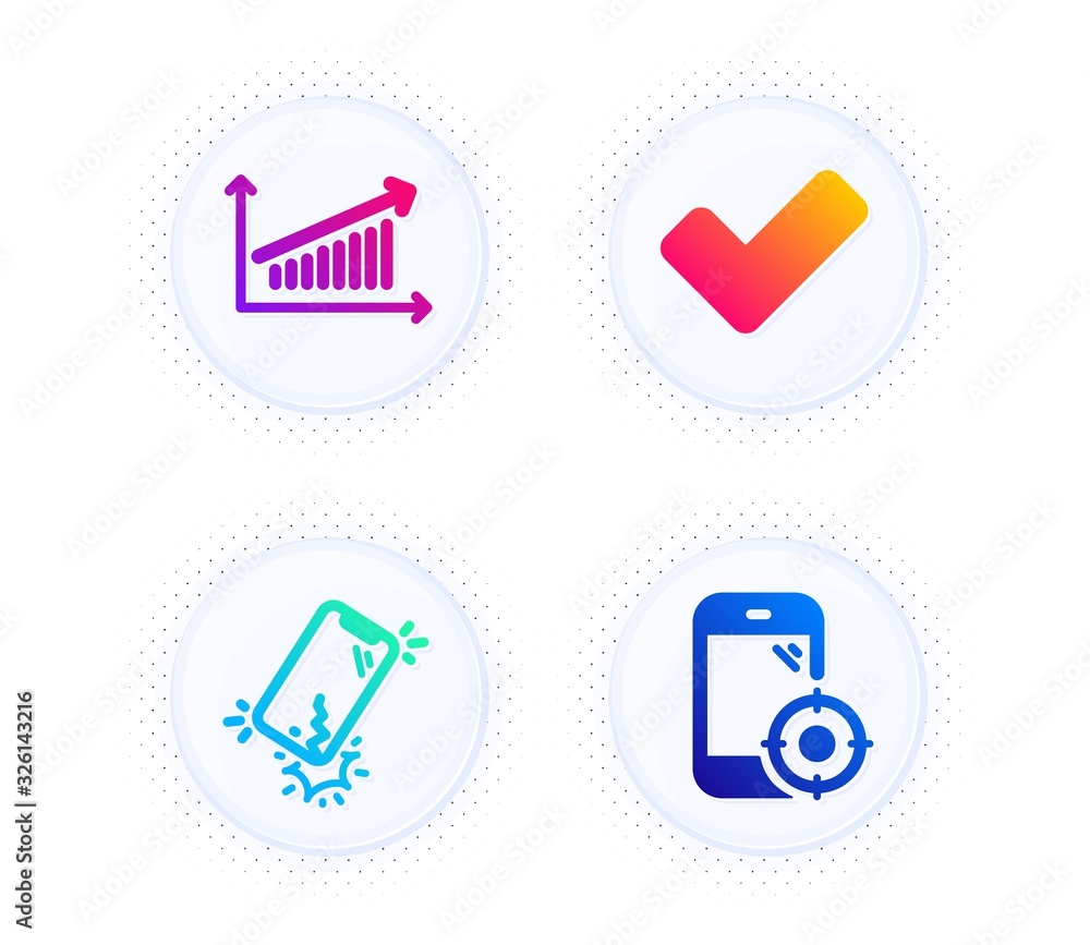 Poster smartphone broken, chart and tick icons simple set. button with halftone dots. seo phone sign. phone