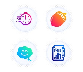 Smile chat, Acorn and Cooking timer icons simple set. Button with halftone dots. Report document sign. Happy face, Oaknut, Stopwatch. Growth chart. Business set. Gradient flat smile chat icon. Vector