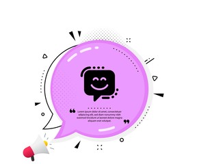 Smile face icon. Quote speech bubble. Happy emoticon chat sign. Speech bubble symbol. Quotation marks. Classic smile face icon. Vector