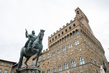 Florence, Italy.September 10, 2015 Status of Cosme I in Signoria Square in Florence