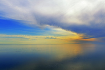 Landscape of Lake Michigan and clouds at twilight, Sleeping Bear Dunes National Lakeshore, Michigan, USA